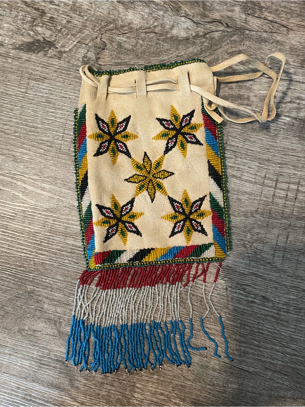 Hand-beaded Apache hide bag- Cream with Multicolor Starburst